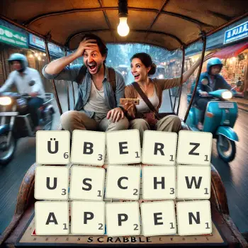 Kreative Illustration für ein Scrabble-Spiel, bei dem das Wort ÜBERZUSCHWAPPEN mit Steinen auf dem Brett gelegt wurde.