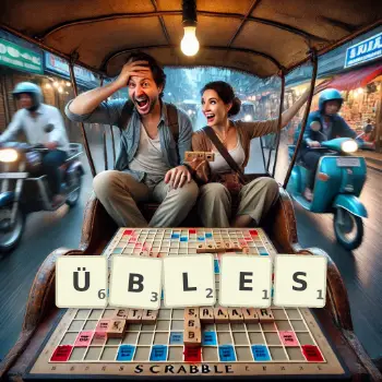Kreative Illustration für ein Scrabble-Spiel, bei dem das Wort ÜBLES mit Steinen auf dem Brett gelegt wurde.
