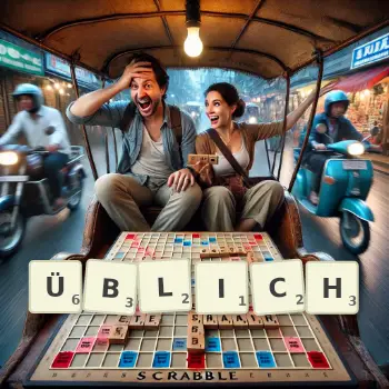 Kreative Illustration für ein Scrabble-Spiel, bei dem das Wort ÜBLICH mit Steinen auf dem Brett gelegt wurde.