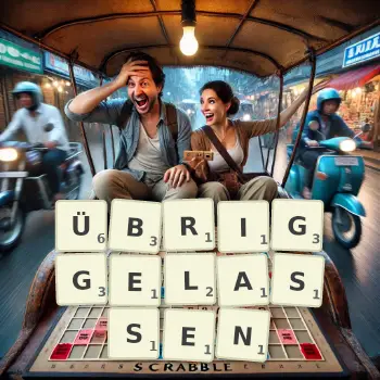 Kreative Illustration für ein Scrabble-Spiel, bei dem das Wort ÜBRIGGELASSEN mit Steinen auf dem Brett gelegt wurde.
