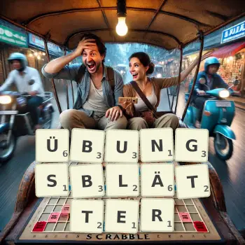 Kreative Illustration für ein Scrabble-Spiel, bei dem das Wort ÜBUNGSBLÄTTER mit Steinen auf dem Brett gelegt wurde.