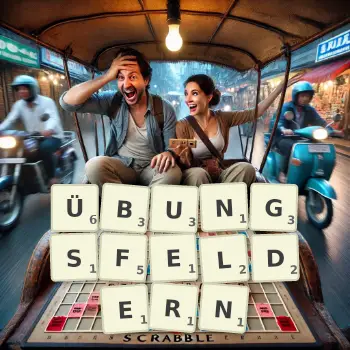 Kreative Illustration für ein Scrabble-Spiel, bei dem das Wort ÜBUNGSFELDERN mit Steinen auf dem Brett gelegt wurde.