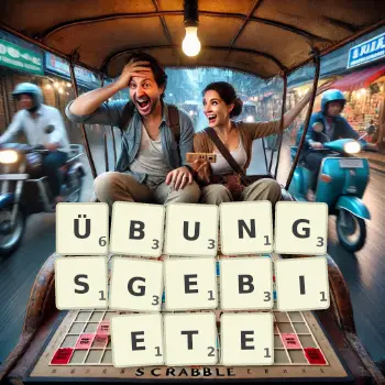 Kreative Illustration für ein Scrabble-Spiel, bei dem das Wort ÜBUNGSGEBIETE mit Steinen auf dem Brett gelegt wurde.