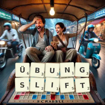 Kreative Illustration für ein Scrabble-Spiel, bei dem das Wort ÜBUNGSLIFT mit Steinen auf dem Brett gelegt wurde.