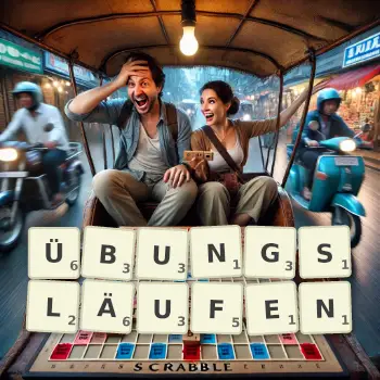Kreative Illustration für ein Scrabble-Spiel, bei dem das Wort ÜBUNGSLÄUFEN mit Steinen auf dem Brett gelegt wurde.