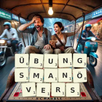 Kreative Illustration für ein Scrabble-Spiel, bei dem das Wort ÜBUNGSMANÖVERS mit Steinen auf dem Brett gelegt wurde.