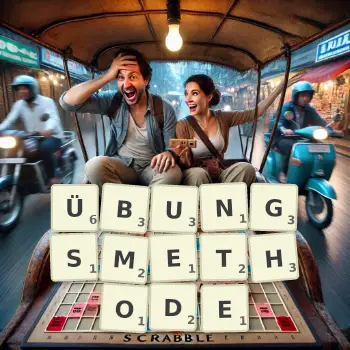 Kreative Illustration für ein Scrabble-Spiel, bei dem das Wort ÜBUNGSMETHODE mit Steinen auf dem Brett gelegt wurde.
