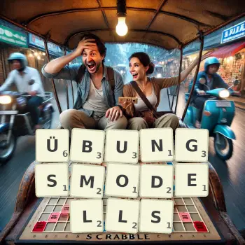 Kreative Illustration für ein Scrabble-Spiel, bei dem das Wort ÜBUNGSMODELLS mit Steinen auf dem Brett gelegt wurde.