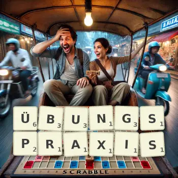 Kreative Illustration für ein Scrabble-Spiel, bei dem das Wort ÜBUNGSPRAXIS mit Steinen auf dem Brett gelegt wurde.