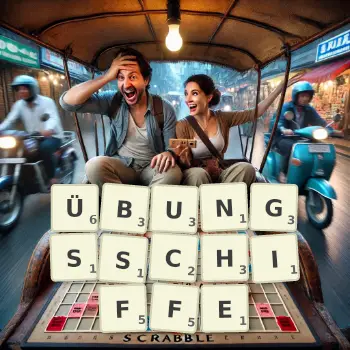 Kreative Illustration für ein Scrabble-Spiel, bei dem das Wort ÜBUNGSSCHIFFE mit Steinen auf dem Brett gelegt wurde.