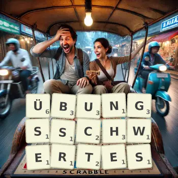 Kreative Illustration für ein Scrabble-Spiel, bei dem das Wort ÜBUNGSSCHWERTES mit Steinen auf dem Brett gelegt wurde.