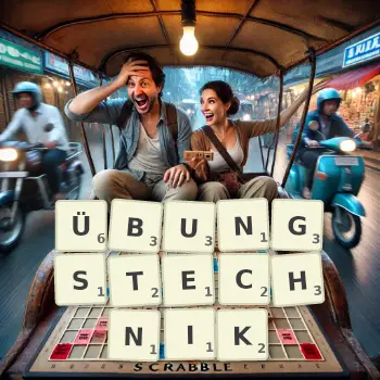 Kreative Illustration für ein Scrabble-Spiel, bei dem das Wort ÜBUNGSTECHNIK mit Steinen auf dem Brett gelegt wurde.