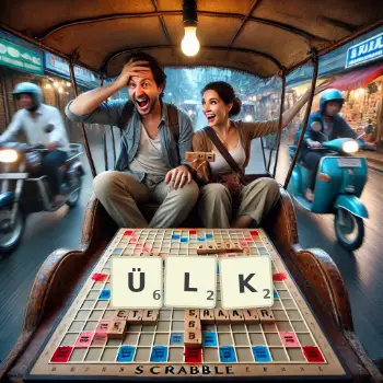 Kreative Illustration für ein Scrabble-Spiel, bei dem das Wort ÜLK mit Steinen auf dem Brett gelegt wurde.