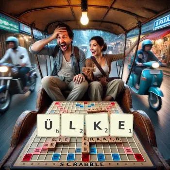 Kreative Illustration für ein Scrabble-Spiel, bei dem das Wort ÜLKE mit Steinen auf dem Brett gelegt wurde.