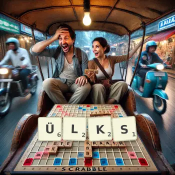 Kreative Illustration für ein Scrabble-Spiel, bei dem das Wort ÜLKS mit Steinen auf dem Brett gelegt wurde.