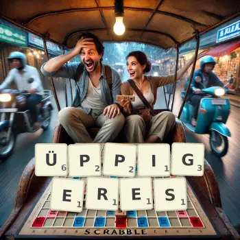 Kreative Illustration für ein Scrabble-Spiel, bei dem das Wort ÜPPIGERES mit Steinen auf dem Brett gelegt wurde.