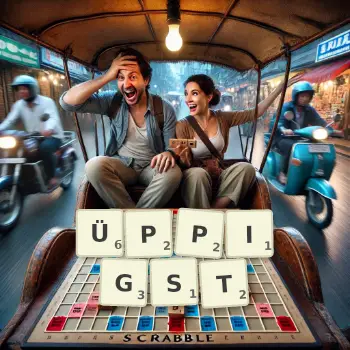 Kreative Illustration für ein Scrabble-Spiel, bei dem das Wort ÜPPIGST mit Steinen auf dem Brett gelegt wurde.