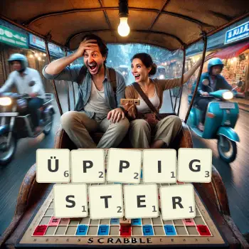 Kreative Illustration für ein Scrabble-Spiel, bei dem das Wort ÜPPIGSTER mit Steinen auf dem Brett gelegt wurde.